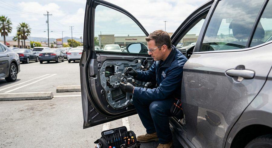 Our technician inspecting a car door lock in a Bay Area parking lot