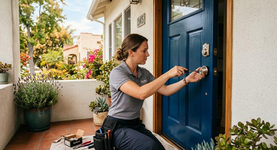New deadbolt being installed on a residential front door by our locksmith