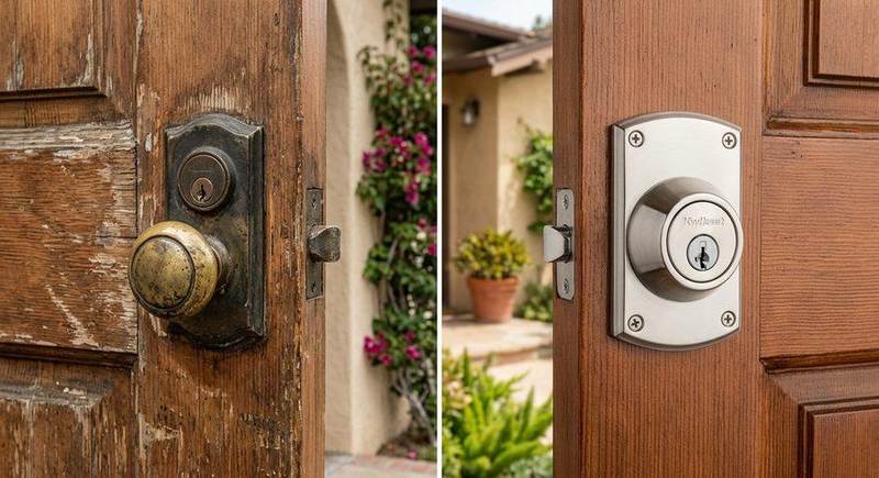 Old residential door lock replaced with a new deadbolt by our team