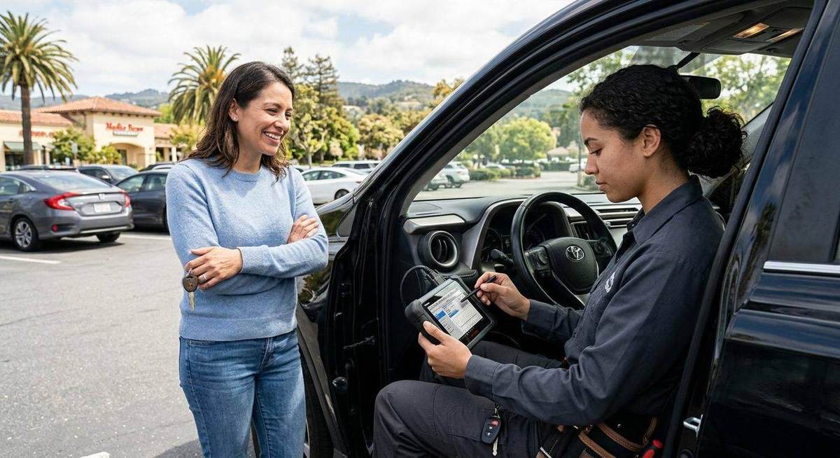 Auto locksmith technician programming a car key fob using diagnostic device in Bay Area parking lot