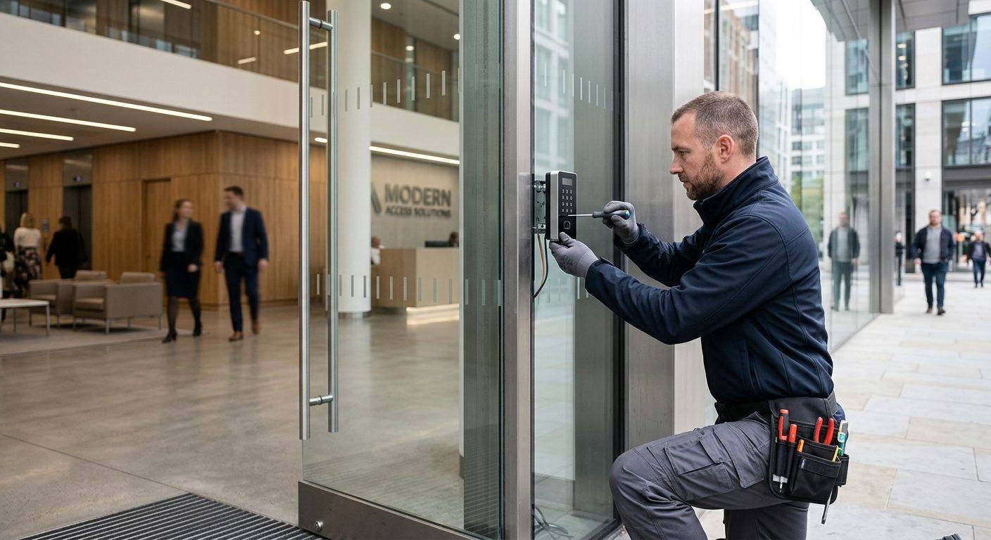 Bay Area locksmith technician installing access control system at a commercial office building