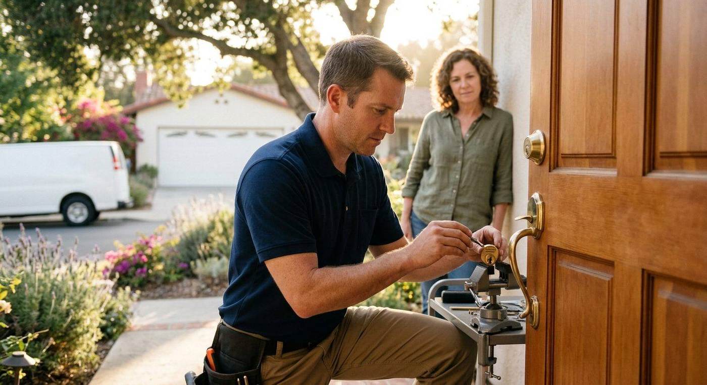 Locksmith rekeying a residential door lock in the Bay Area