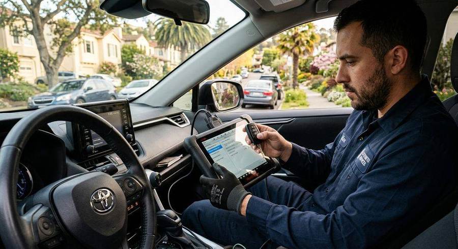 Auto locksmith using key programming diagnostic tool on a car in Bay Area