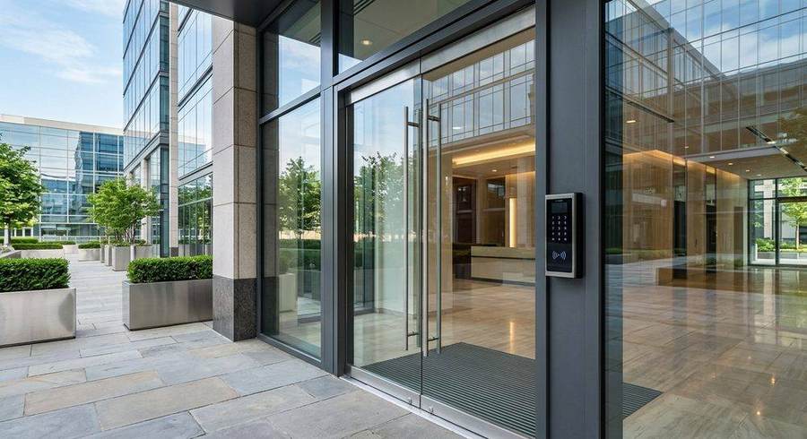 Electronic keypad access control reader at a Bay Area commercial office building entrance