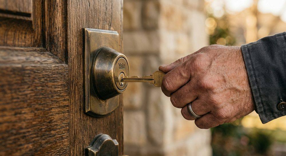 Bay Area locksmith inserting a key into a residential deadbolt lock cylinder