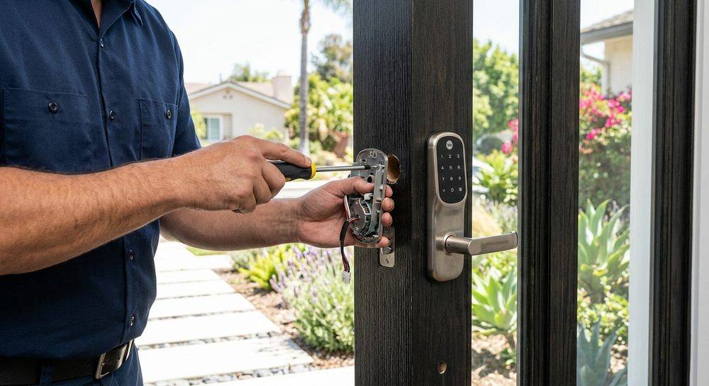 Smart lock being installed on a residential entry door with digital keypad in California
